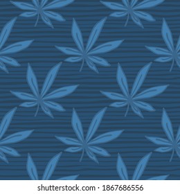 Simple seamless doodle cannabis pattern. Leaves and background with strips in navy blue palette. Designed for wallpaper, textile, wrapping paper, fabric print. Vector illustration.