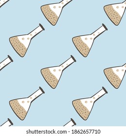 Simple seamless doodle pattern with chemical lab flask ornament. Educaion cartoon elements in beige and white tones on blue background. For fabric design, textile, wrapping, cover. Vector illustration