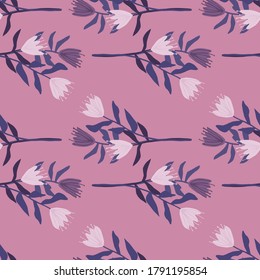 Simple seamless doodle pattern with hand drawn flower bouquet. Lilac background. Purple and light color tulip ornament. Perfect for wallpaper, textile, wrapping, fabric print. Vector illustration.