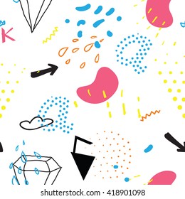 Simple seamless doodle pattern in kitsch, primitivism, minimal. Unusual brilliant, letter, heart, rain, background, hand drawing. In 1990, 1980s style