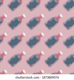 Simple seamless doodle pattern with oil bottle shapes. Essential aromatherapy print in pink and blue colors. Perfect for fabric design, textile print, wrapping, cover. Vector illustration.