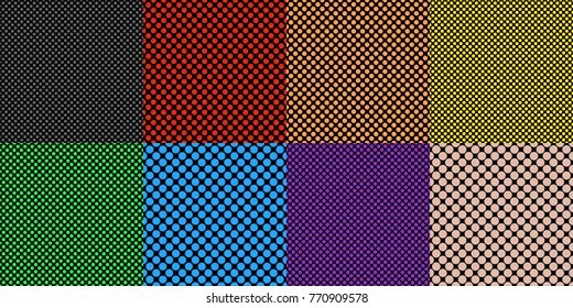 Simple seamless dot pattern background template set - vector graphics from colored circles on black background