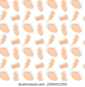 Simple seamless fall pattern with flat pumpkin, pie, leaves in pastel pink color on white background. Vector illustration