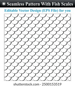 Fondo de pescado sin fisuras simple, patrón sin fisuras con escamas de pescado, patrón de la onda japonesa sin fisuras, fondo blanco y negro
