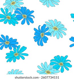 Simple seamless floral pattern with bouquets of blue daisies on white background. Summer collection. Botanical vintage style. For textile, wallpaper, wrapping-paper, greeting card. Vector illustration