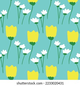 Simple seamless floral pattern with daisy flower. Vector illustration. Pattern for print, wallpaper, gift wrap, textile, fashion, packaging, cover, wrapping paper.