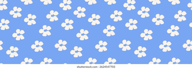 Simple seamless floral pattern with minimal cream colored flowers on a bright blue background. Ideal for kids fabrics, summer wrapping paper, stationery, and cheerful surface designs. Vector art