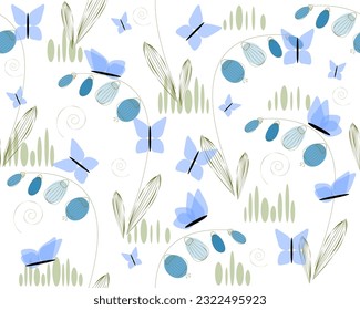 Simple seamless floral pattern with moths for wallpaper design, fabric, packaging