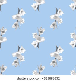 Simple seamless floral pattern with white gladiolus on blue background. Vector illustration.