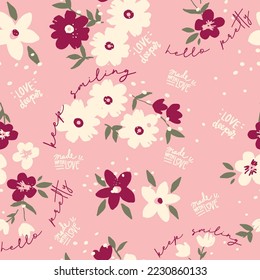 Simple, seamless floral print spaced out conversational pattern, blooming, colorful random, fading doodle flowers, stems and petals clusters for clothing, textile, tshirt, kids, girls women, wrapping,