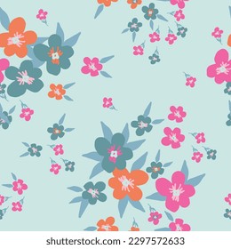 Einfaches, nahtloses Blumenmuster, in dem sich Unterhaltungsverhalten, Blüten, Haufen, Bouquet, Doodle-Blumen, Stiele und Blütenhaufen für Kleidung, Textil, T-Shirt, Kinder, Mädchen,
