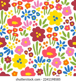 Simple seamless floral vector pattern  Bright multi  colored wildflowers  grass white background  For fabric prints  textiles  Spring  summer collection 
