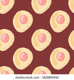 Simple seamless food pattern with eggs breakfast. Omelette elements cartoon print on maroon background. Great for wallpaper, textile, wrapping paper, fabric print. Vector illustration.