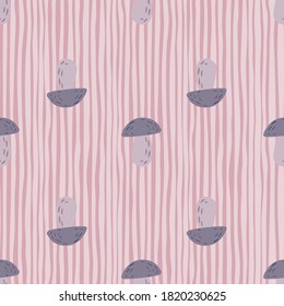 Simple seamless food pattern with forest mushrooms ornament. Purple elements on stripped lilac background. Backdrop for wallpaper, textile, wrapping paper, fabric print. Vector illustration