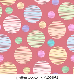 Simple seamless geometric pattern with colorful circles on red background. Vector illustration for home and fashion design, packaging, nursery, linens, etc.