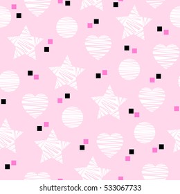 Simple seamless geometric pattern with colorful stars, circles, squares on the baby-pink background. Vector illustration for home and fashion design, nursery, bed linen, apparel, underwear, etc.