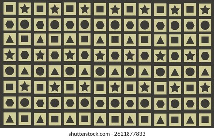 Eenvoudig naadloos geometrisch patroon met moderne abstracte vormen, waaronder sterren, cirkels, driehoeken en zeshoeken. Minimalistische vectorachtergrond, perfect voor textiel, behang, trendy grafische projecten