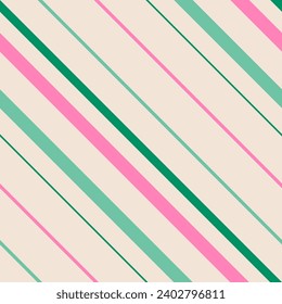 Simple seamless geometric pattern: retro diagonal stripes in pink, green, and beige color. Vector abstract ornament, repeat texture, background from the 1970s - 1980s fashion. Repeated geo design