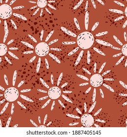 Simple seamless geometric pattern with white sun random print. Orange background with splashes. Decorative backdrop for fabric design, textile print, wrapping, cover. Vector illustration.