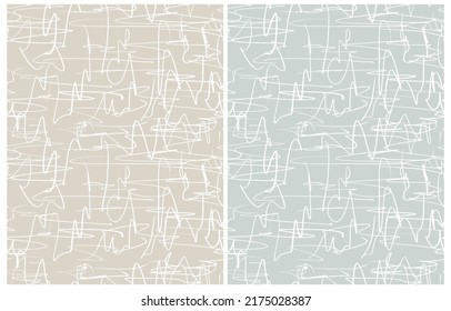 Simple Seamless Geometric Vector Pattern. White Freehand Lines Isolated on a Light Pale Blue and Dusty Beige Background. Simple Abstract Vector Prints Ideal for Fabric, Textile. Abstract Doodle Tile.