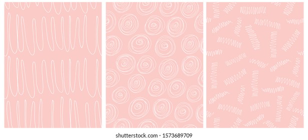 Simple Seamless Geometric Vector Patterns. White Waves, Circles and Loops on a Light Pink Background. Abstract Hand Drawn Childish Style  Vector Print Ideal for Fabric, Textile, Layout, Cover, Rug.