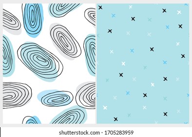Simple Seamless Geometric Vector Patterns. Black and Blue Free Hand Irregular Circles Isolated on a White Background.Abstract Repeatable Print with Blue,White and Black Crosses on a Light Pink Layout.