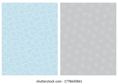 Simple Seamless Geometric Vector Patterns. White Free Hand Circles Isolated on a Light Blue Background. White Abstarct Snowflakes on a Gray Layout. Simple Abstract Doodle Vector Print.