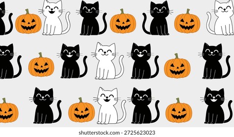 Patrón simple de Halloween sin fisuras con filas de lindos gatos blancos y negros sentados al lado de sonrientes calabazas Jack-o'-lantern.