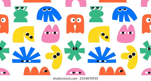 Simple Seamless kids pattern with geometric abstract funny comic cool shape character with eyes in trendy retro Groovy, Y2K style. Сolored elements on white background for Halloween. Flat Vector EPS10