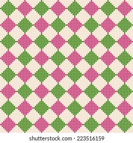 Simple seamless knitted pattern. Geometric ornament with green, pink, beige rhombuses. Vector illustration.