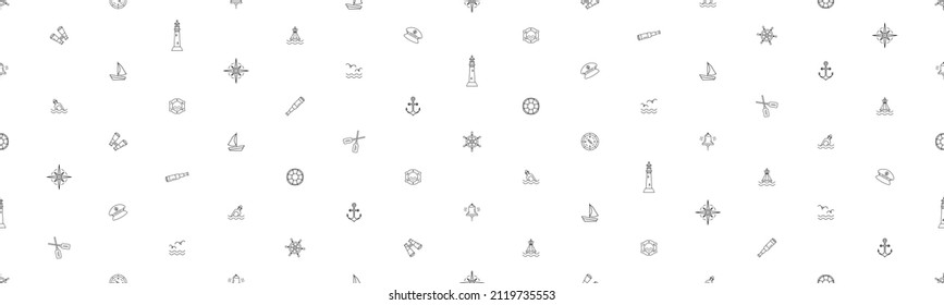 Simple seamless marine pattern with black outline icons on white background. Nautical background. Vector flat illustration