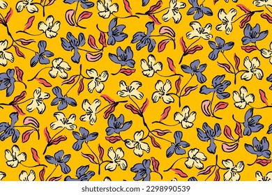Simple seamless medieval pattern of hand drawn gouache flowers, abstract colorful background.