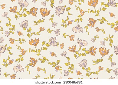 Simple seamless medieval pattern of hand drawn gouache flowers, abstract colorful background.