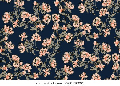 Simple seamless medieval pattern of hand drawn gouache flowers, abstract colorful background.