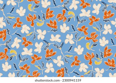 Simple seamless medieval pattern of hand drawn gouache flowers, abstract colorful background.