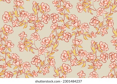 Simple seamless medieval pattern of hand drawn gouache flowers, abstract colorful background.