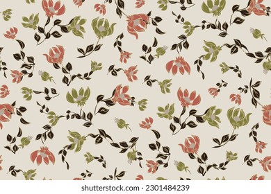 Simple seamless medieval pattern of hand drawn gouache flowers, abstract colorful background.