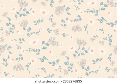 Simple seamless medieval pattern of hand drawn gouache flowers, abstract colorful background.