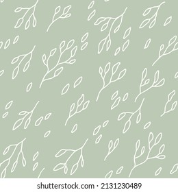 Simple seamless minimalist vector pattern with branches and leaves on a pastel green background