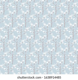 Simple seamless nature pattern with branch and flowers. Pastel blue colours, vintage retro style. Print for textile, fabrics, interior, wallpaper, baby room. 