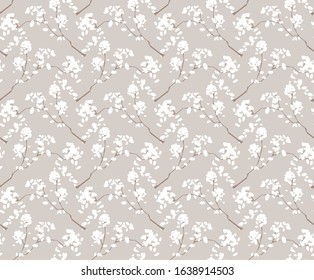 Simple seamless nature pattern with branch and flowers. Pastel colours, vintage retro style. Print for textile, fabrics, interior, wallpaper, baby room. 