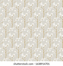 Simple seamless nature pattern with branch and flowers. Pastel colours, vintage retro style. Print for textile, fabrics, interior, wallpaper, baby room. 