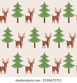 Simple seamless New Year background with cute deer and Christmas trees. Winter background for Christmas or New Year design. Vector illustration