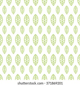 Simple seamless organic wallpaper with a pattern of green leaves in a linear style. Good for organic wallpaper, packaging, invitations, organic background, scrap-booking. Vector. 