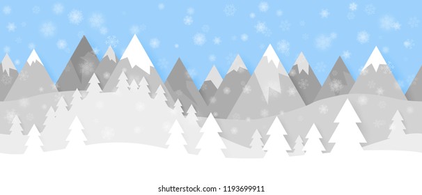 Simple seamless paper cut winter vector landscape with snowflakes, layered mountains and trees on blue background.