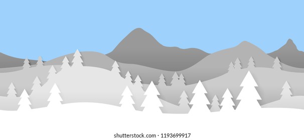 Simple seamless paper cut winter vector landscape with  layered mountains and trees on blue background.