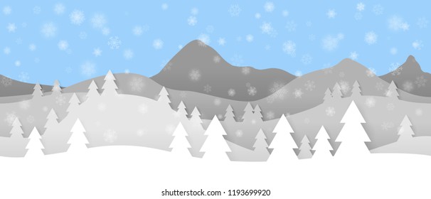 Simple seamless paper cut winter vector landscape with snowflakes, layered mountains and trees on blue background.