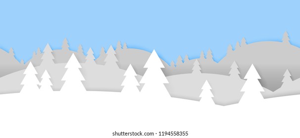 Simple seamless paper cut winter vector landscape with  layered mountains and trees on blue background.