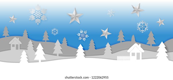 Simple seamless paper cut winter vector landscape with snowflakes, stars, layered hills and trees on blue background.