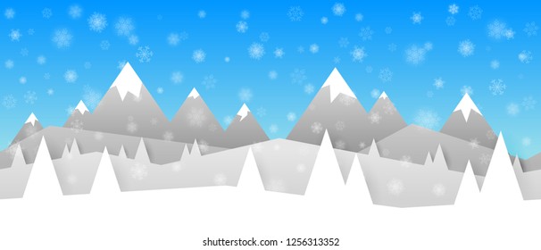 Simple seamless paper cut winter vector landscape with layered mountains, trees and falling snowflakes on blue background.
